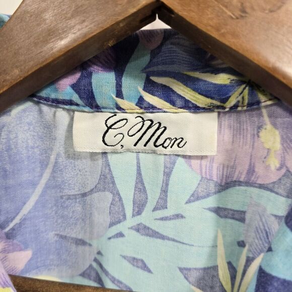 Vintage Shirt Womens Medium 90s Blue Purple Floral Button Up Short Sleeve Camp - Picture 3 of 9